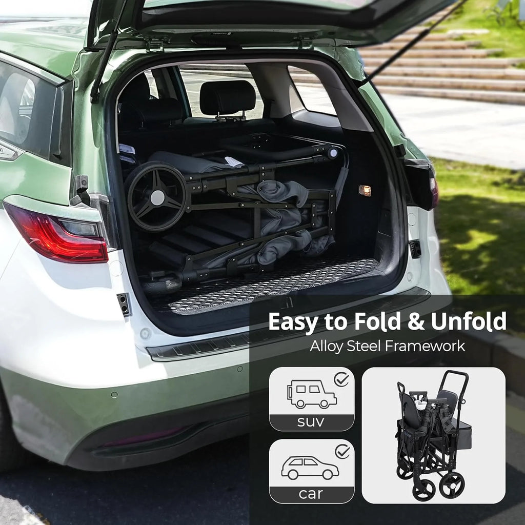Stroller Wagon for Kids, Wagon Stroller Toddlers 2 Seaters, All-Terrain Baby Wagon Outdoor with Canopy, Parent Organizer, Adjustable Handle & Pull Bar for Infants and Toddlers, Gray