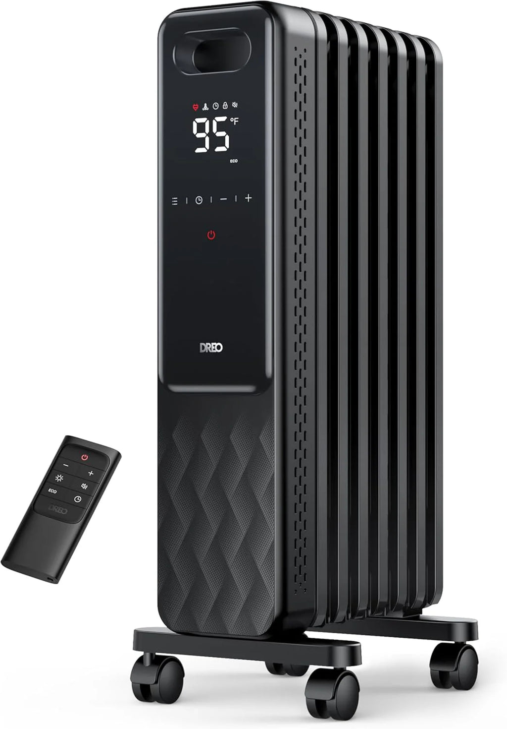 Indoor electric radiant heater with overheat and tip-over protection, digital thermostat, oil-filled radiator