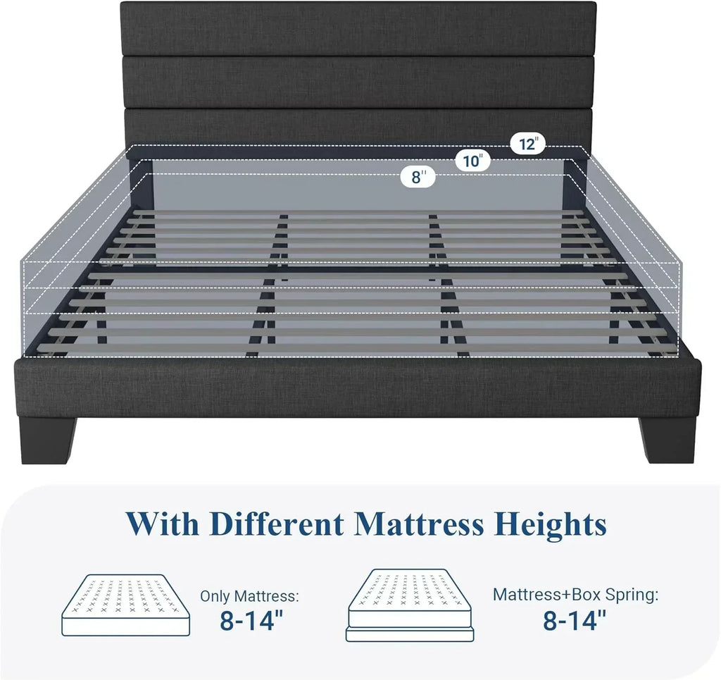 Allewie Queen Size Platform Bed Frame with Fabric Upholstered Headboard Wooden Slats Support