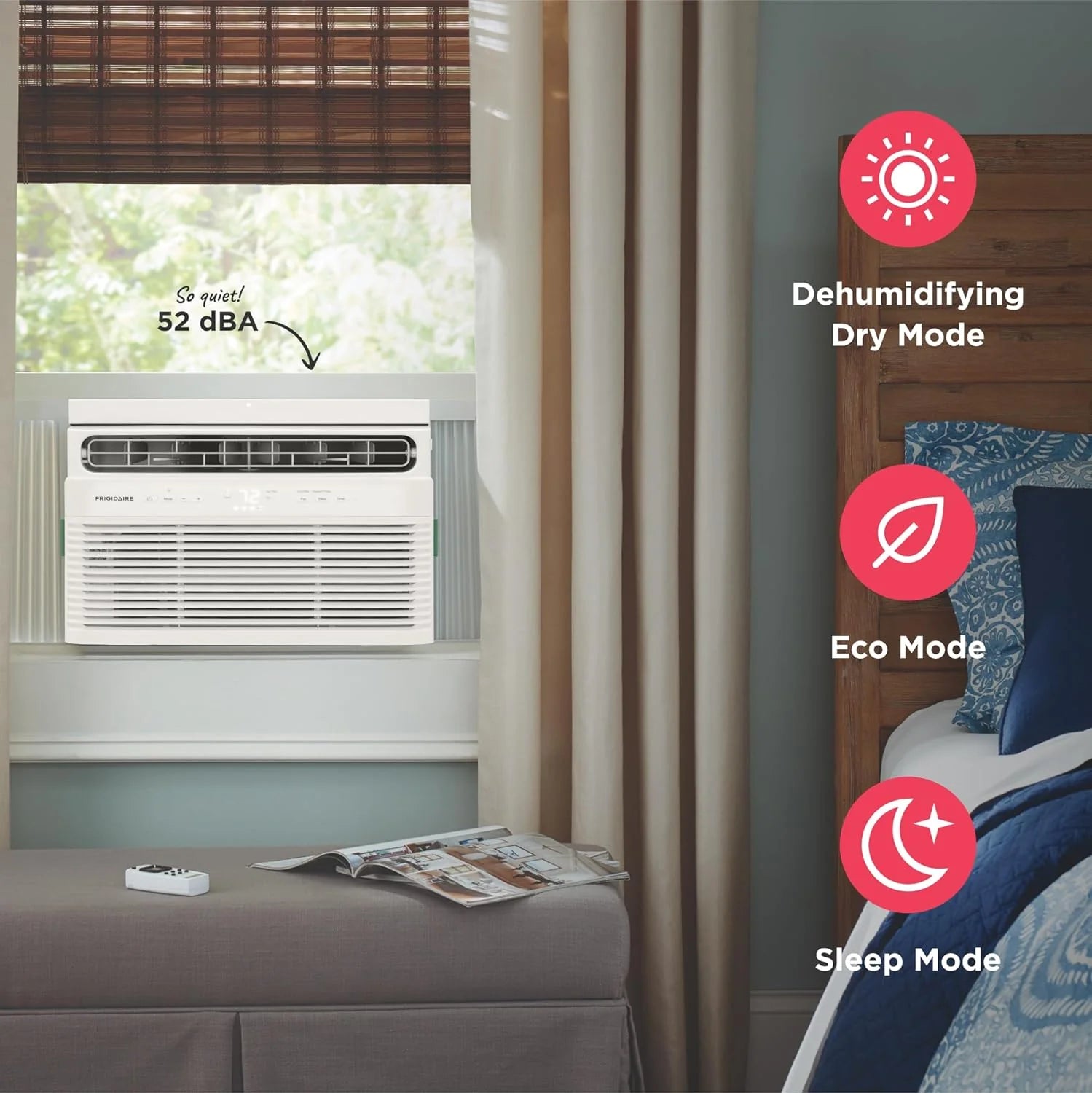 Frigidaire 5,000 BTU Window Air Conditioner with Remote Control, Cools Up to 150 Sq. Ft., Quiet Operation, Eco Mode, 3 Fan Speeds, Auto Restart, White