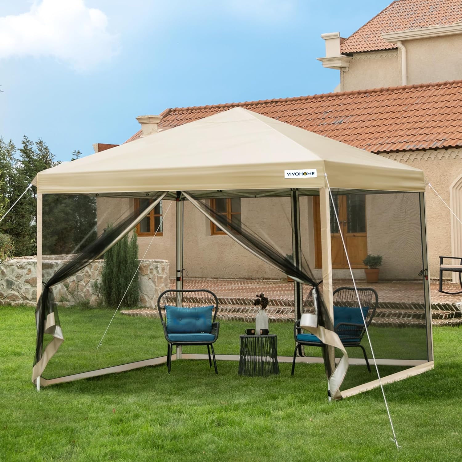 10x10ft Easy Pop-Up Canopy Outdoor Screen Tent with Mosquito Netting 2 Zipper Doors Roller Bag